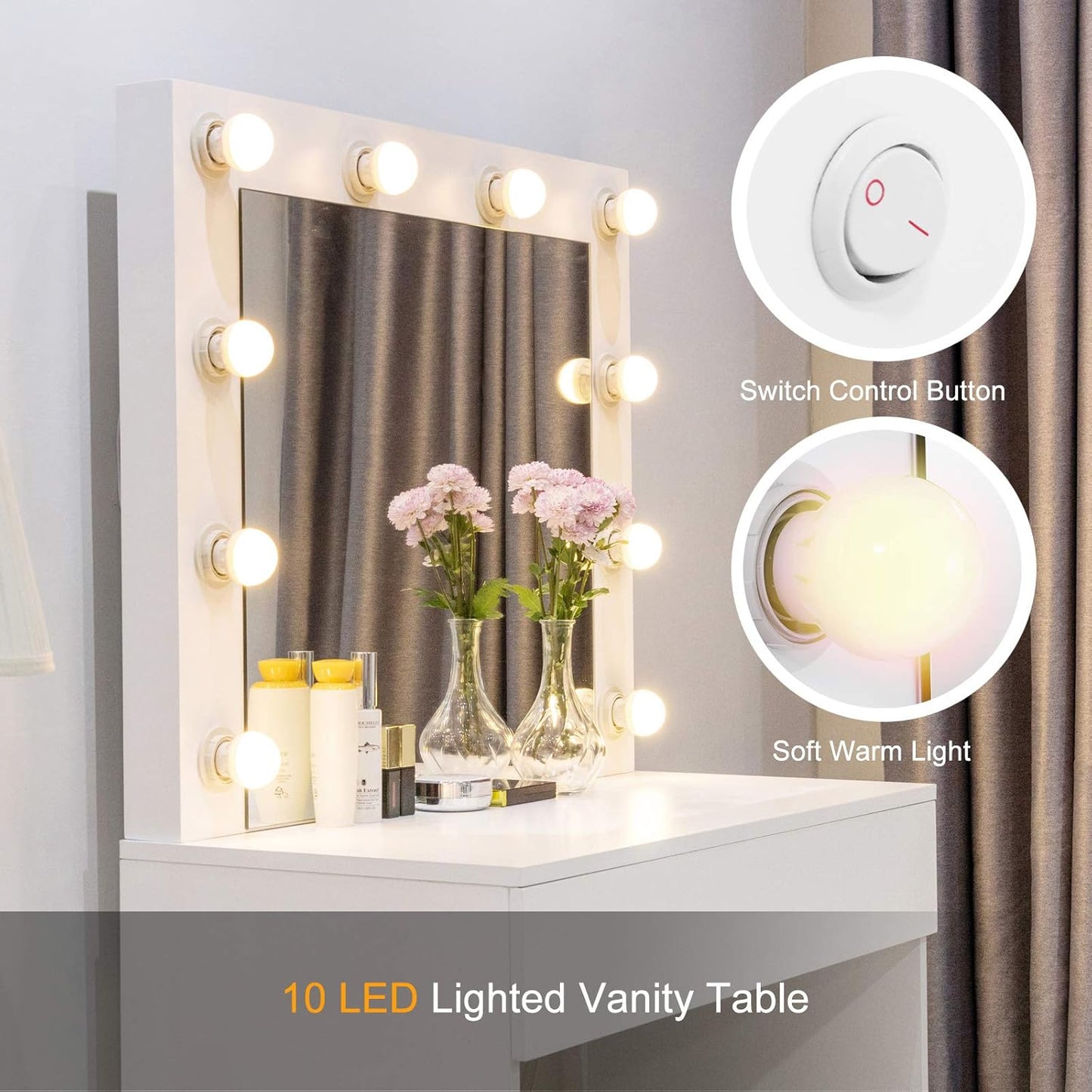 Makeup Vanity Table W/10 LED Lights Mirror,Vanity Set with Stool&Drawer,Wood Dressing Table Bedroom Furniture Girls Women Gifts White