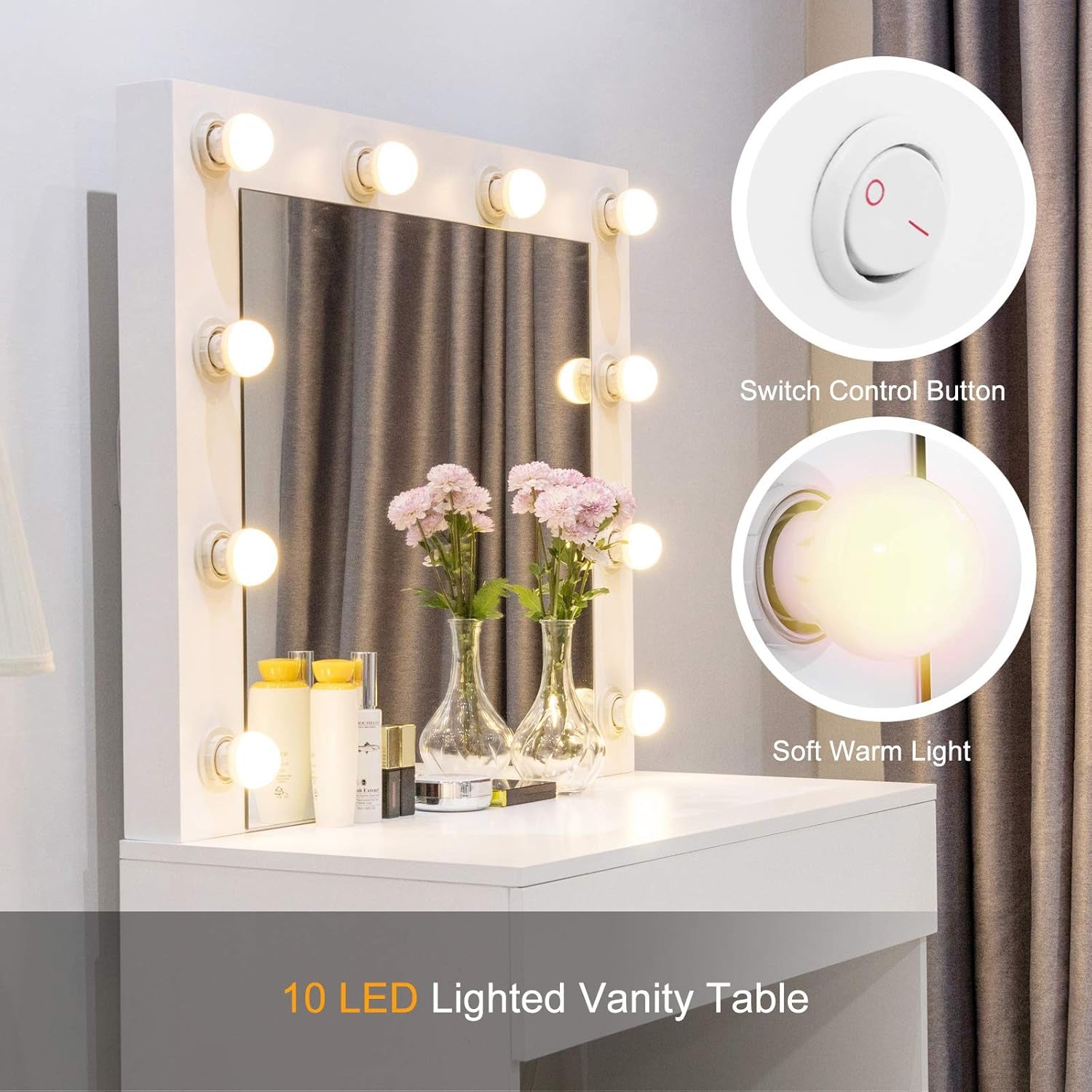 Makeup Vanity Table W/10 LED Lights Mirror,Vanity Set with Stool&Drawer,Wood Dressing Table Bedroom Furniture Girls Women Gifts White