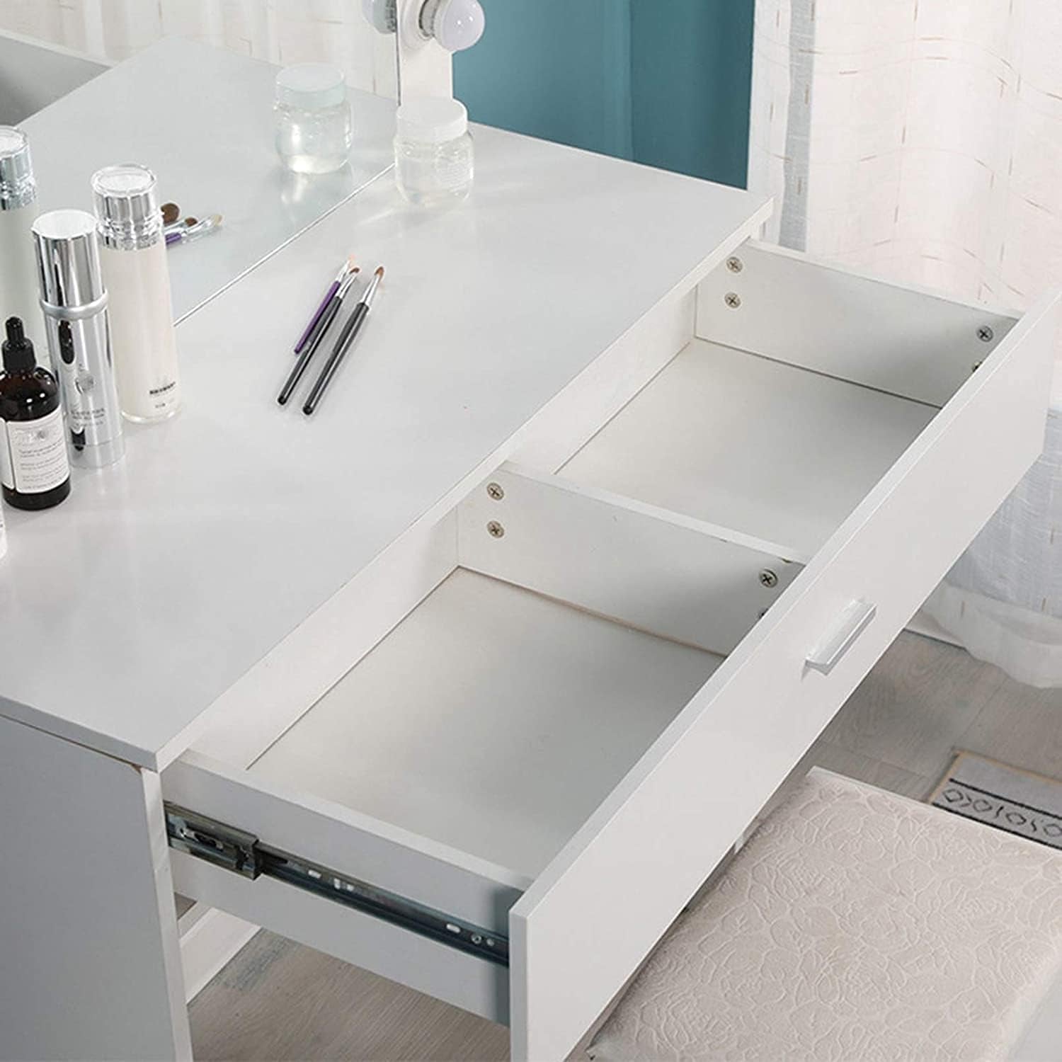 Vanity Set with Lighted Mirror, Makeup Vanity Dressing Table Dresser Desk with Large Drawer for Bedroom, White Bedroom Furniture(12 Cool LED Bulbs)
