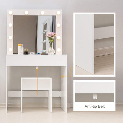 Makeup Vanity Table W/10 LED Lights Mirror,Vanity Set with Stool&Drawer,Wood Dressing Table Bedroom Furniture Girls Women Gifts White