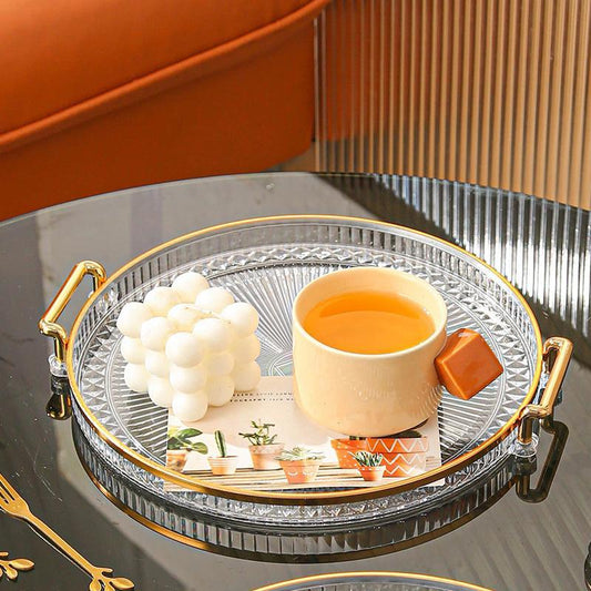 Round Serving Tray, 1 Count Dessert Tray, Clear Serving Tray with Handle, Snack Tray, Tea Tray for Home Decor