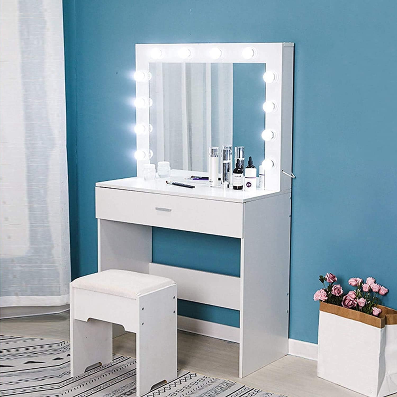 Vanity Set with Lighted Mirror, Makeup Vanity Dressing Table Dresser Desk with Large Drawer for Bedroom, White Bedroom Furniture(12 Cool LED Bulbs)