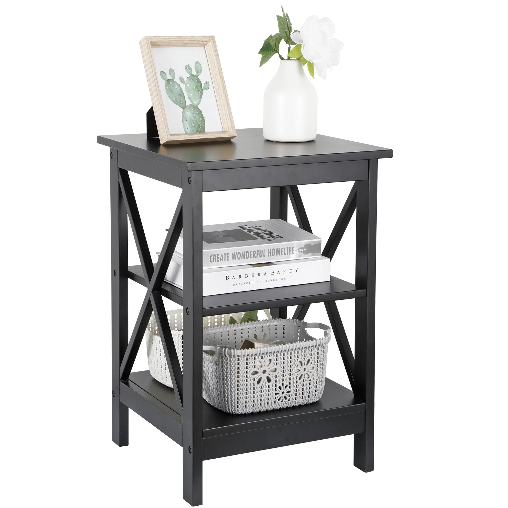 End Table Sofa Side Storage Shelf Living Room Bedroom Furniture 3 Tier Saving Space X-Design Black (2 Pieces)