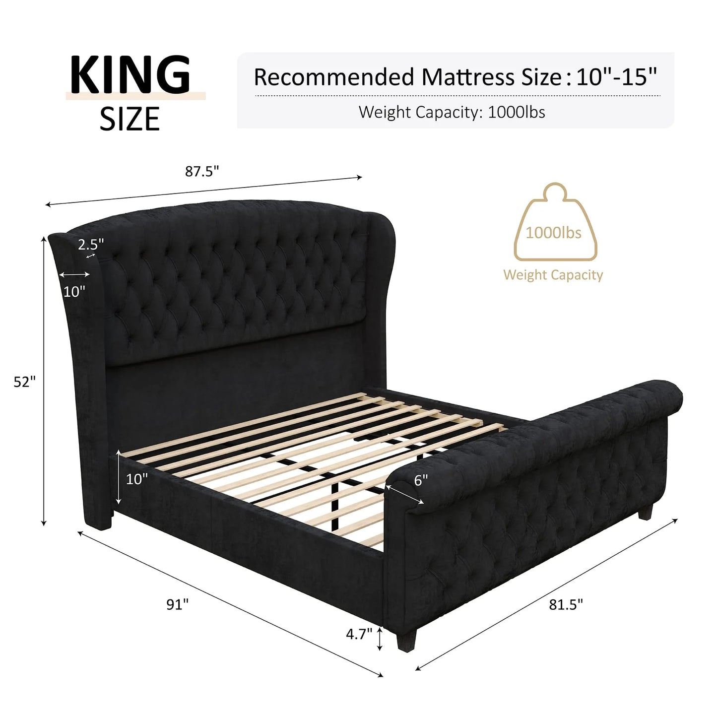 King Size Platform Bed Frame Velvet Upholstered Sleigh Bed with Scroll Wingback Headboard & Footboard/Button Tufted/No Box Spring Required/Grey