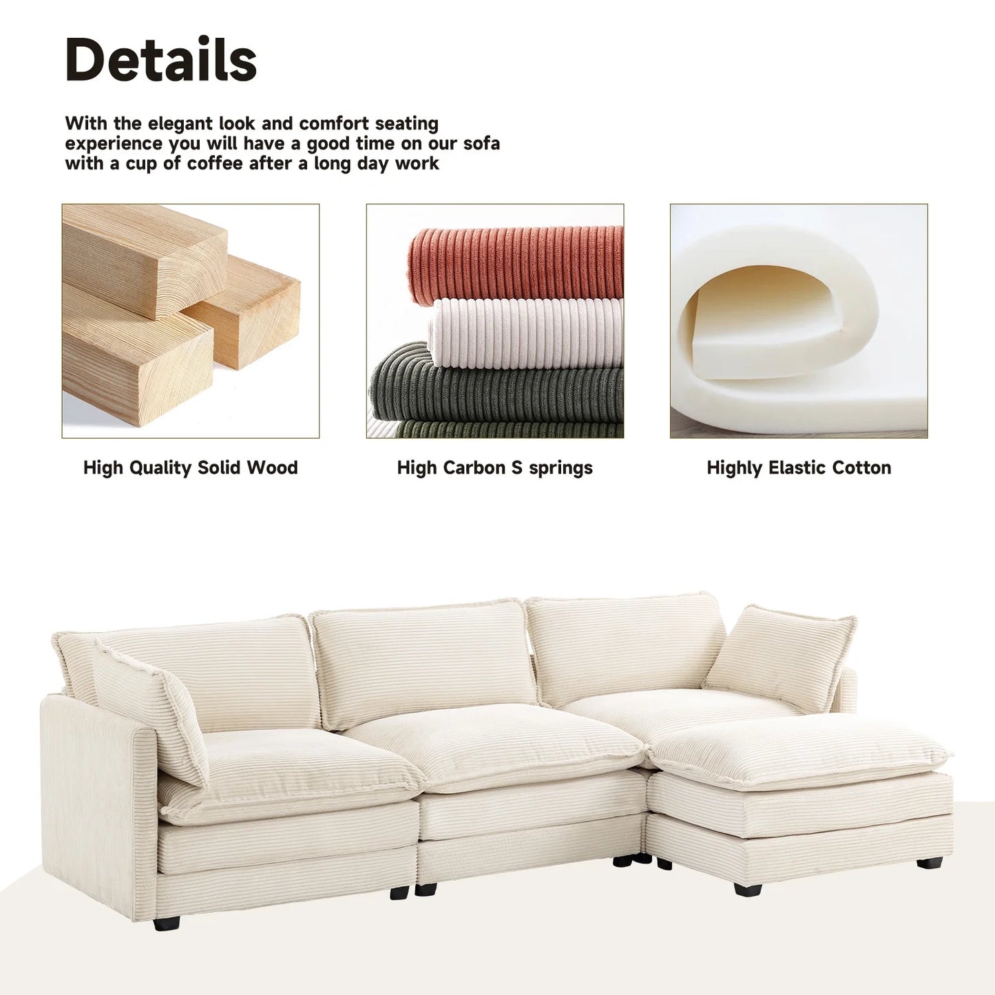 Sectional Sofa with Ottoman, Small L Shaped Free Combination Corduroy Couch Furniture Sets for Living Room, Beige