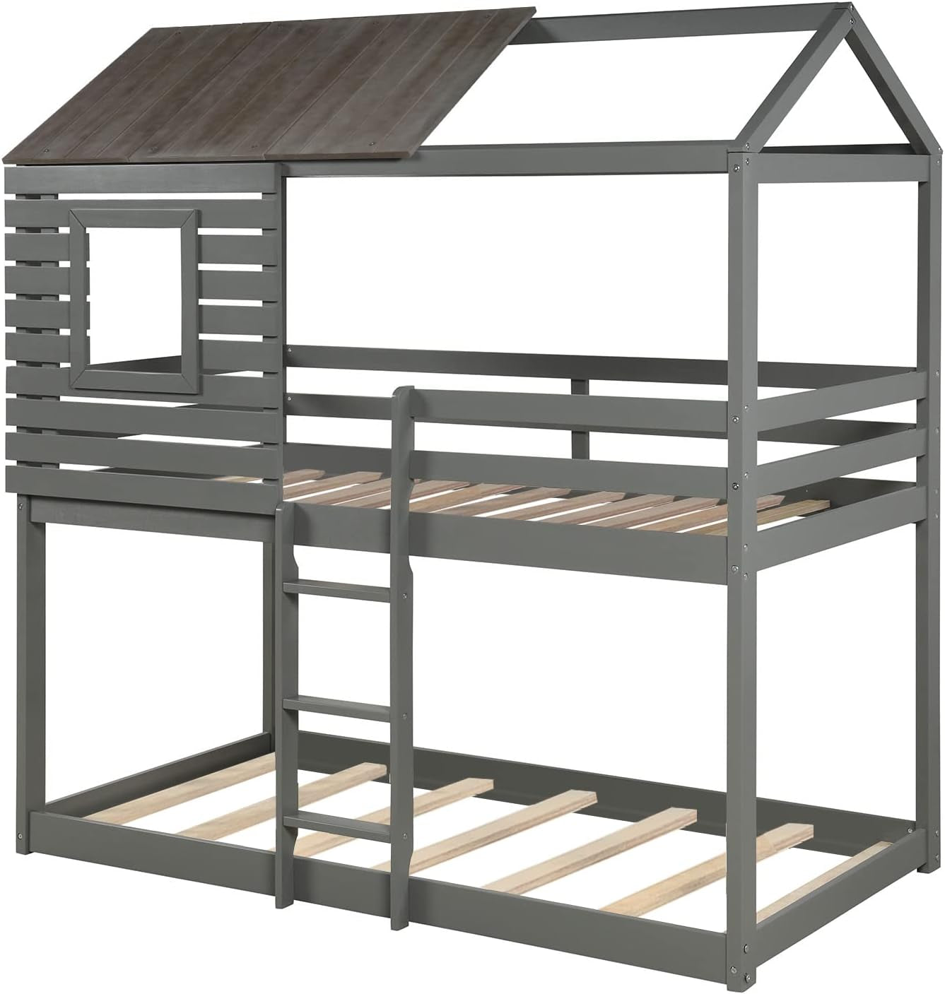 Twin over Twin Bunk Bed, Wood Twin House Bed Loft Bed Bedroom Furniture with Roof, Window, Guardrail & Ladder (Gray, Twin over Twin)
