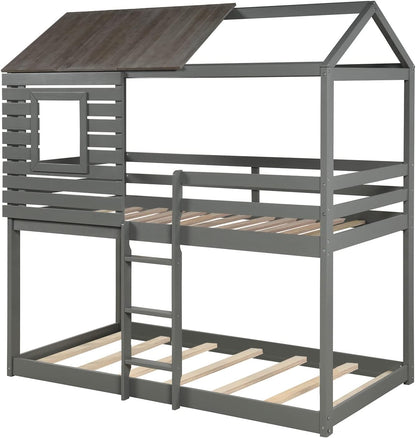 Twin over Twin Bunk Bed, Wood Twin House Bed Loft Bed Bedroom Furniture with Roof, Window, Guardrail & Ladder (Gray, Twin over Twin)