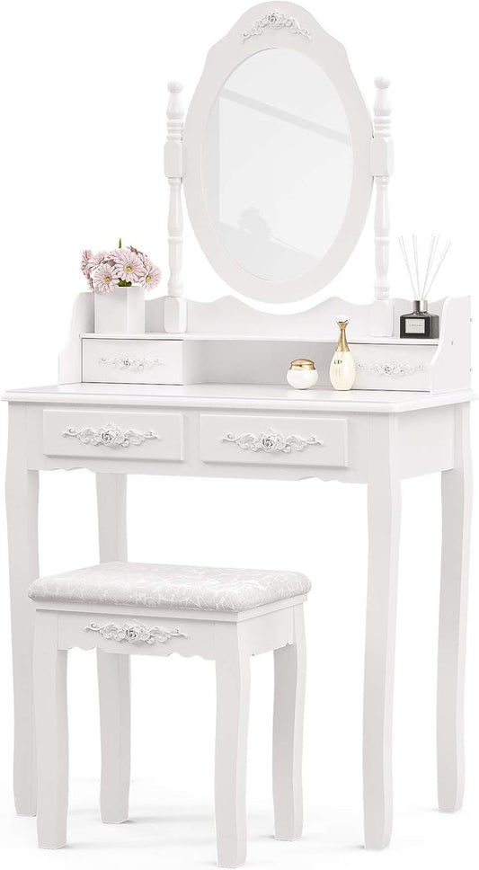 Skipack NA Vanity Table Set with 4 Drawer,Makeup Dressing Table W/Cushioned Stool,Girls Women Bedroom Furniture Set Oval Mirror White