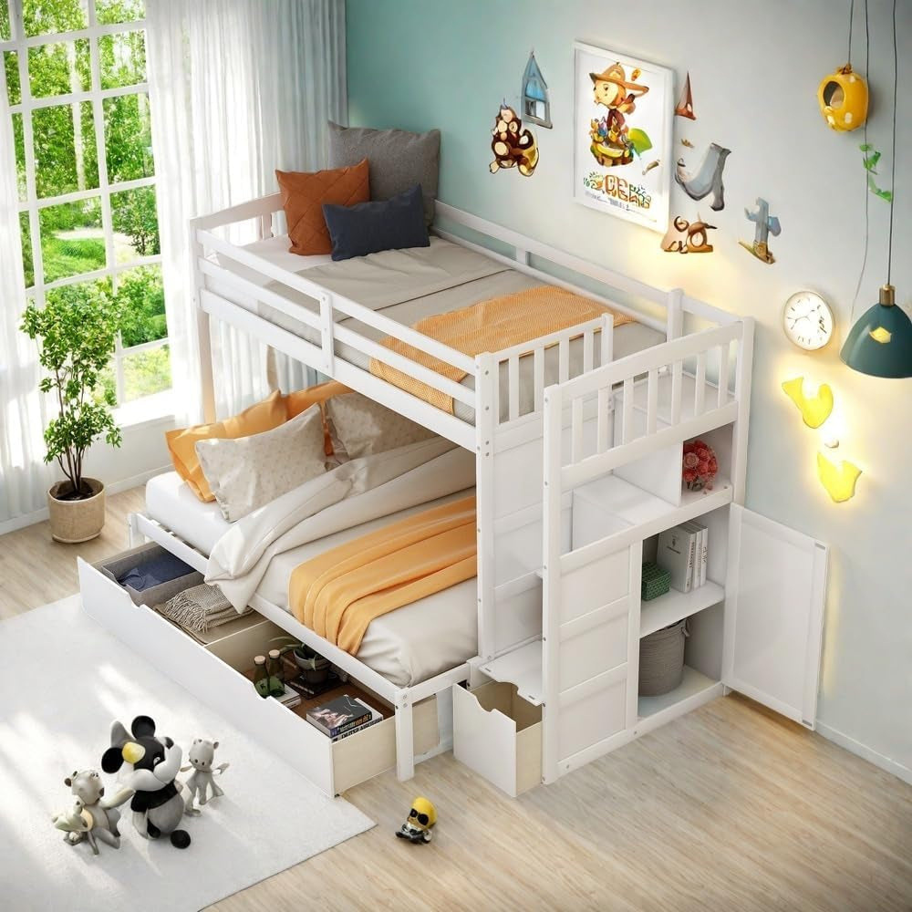 Wood Bunk Beds with Staircase and Drawers, Twin over Twin/Full Bunk Bed with Storage Cabinet Convertible Bunk Bed for Kids