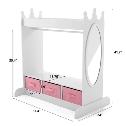 Kids Armoire Pretend Dress-Up Storage Openning Hanging Closet Wardrobe Girls Bedroom Furniture with Mirror, 3 Drawers, Side Pocket(White)