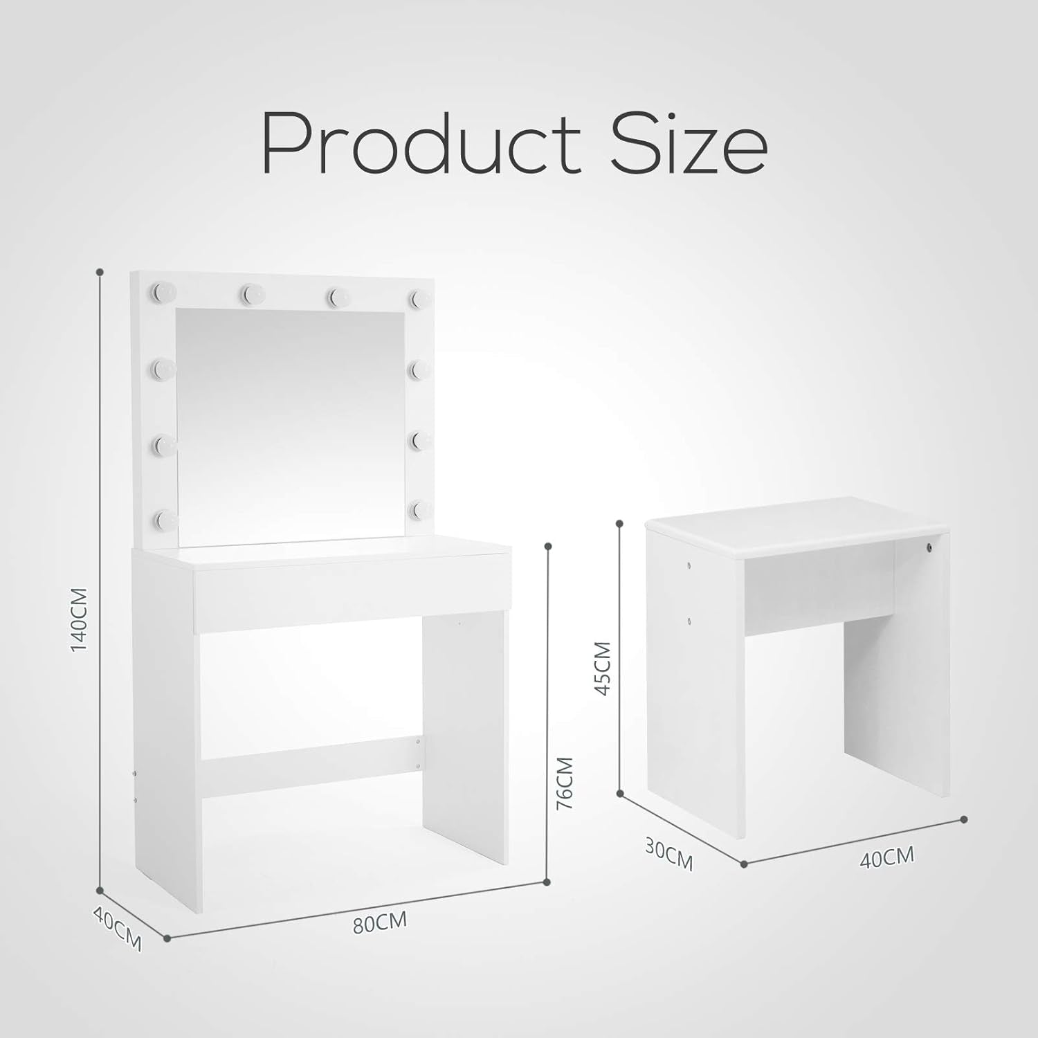 Makeup Vanity Table W/10 LED Lights Mirror,Vanity Set with Stool&Drawer,Wood Dressing Table Bedroom Furniture Girls Women Gifts White