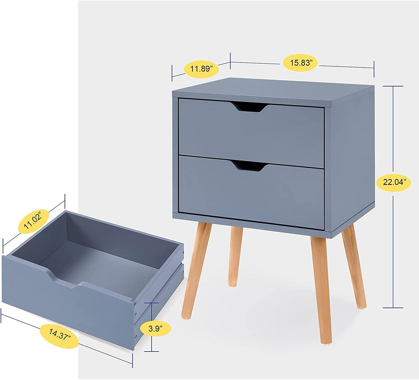 End Side Table Nightstand with Storage Drawer - Fashion Modern Assemble Storage Cabinet Bedroom Bedside - Solid Wood Legs Living Room Bedroom Furniture - Double Drawer Nightstand (Grey)