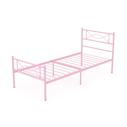 Kids Pink Metal Platform Bed Frame Twin Single Bed with Headboard & Footboard for Girls Bedroom Furniture, No Box Spring Needed
