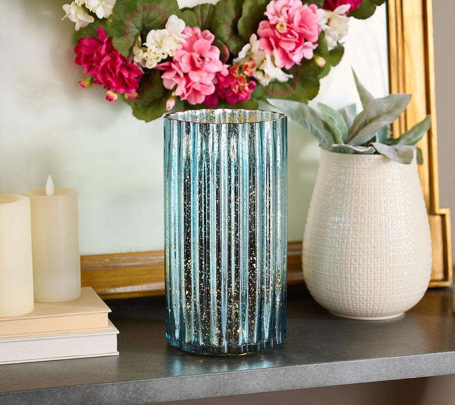 12" Oversized Illuminated Fluted Mercury Glass Hurricane by Valerie
