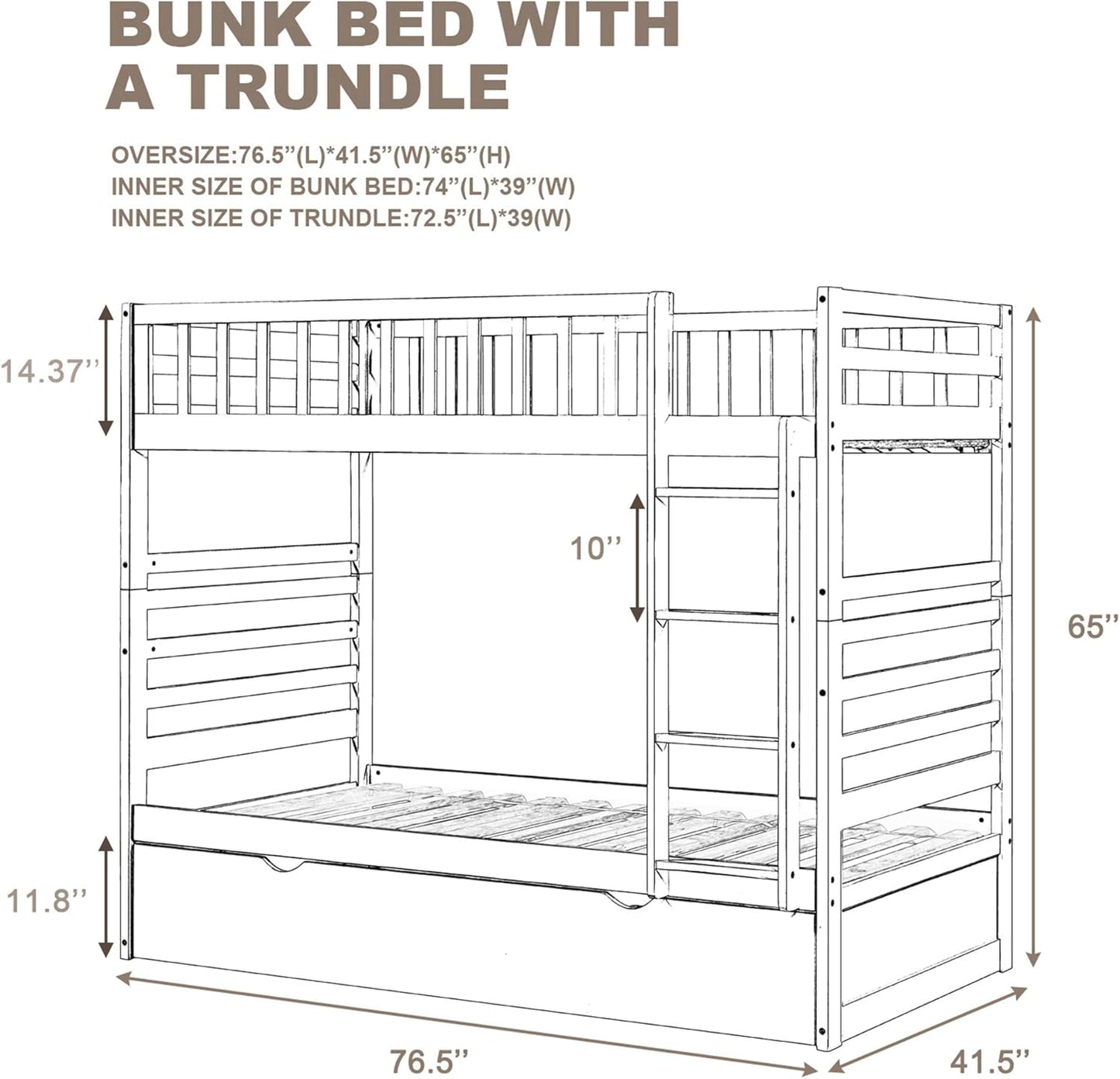 Twin over Twin Bunk Bed, Hinipa Space Saving Design Bedroom Furniture Wood Bunk Beds with Trundle, Ladder and Safety Rail (White)