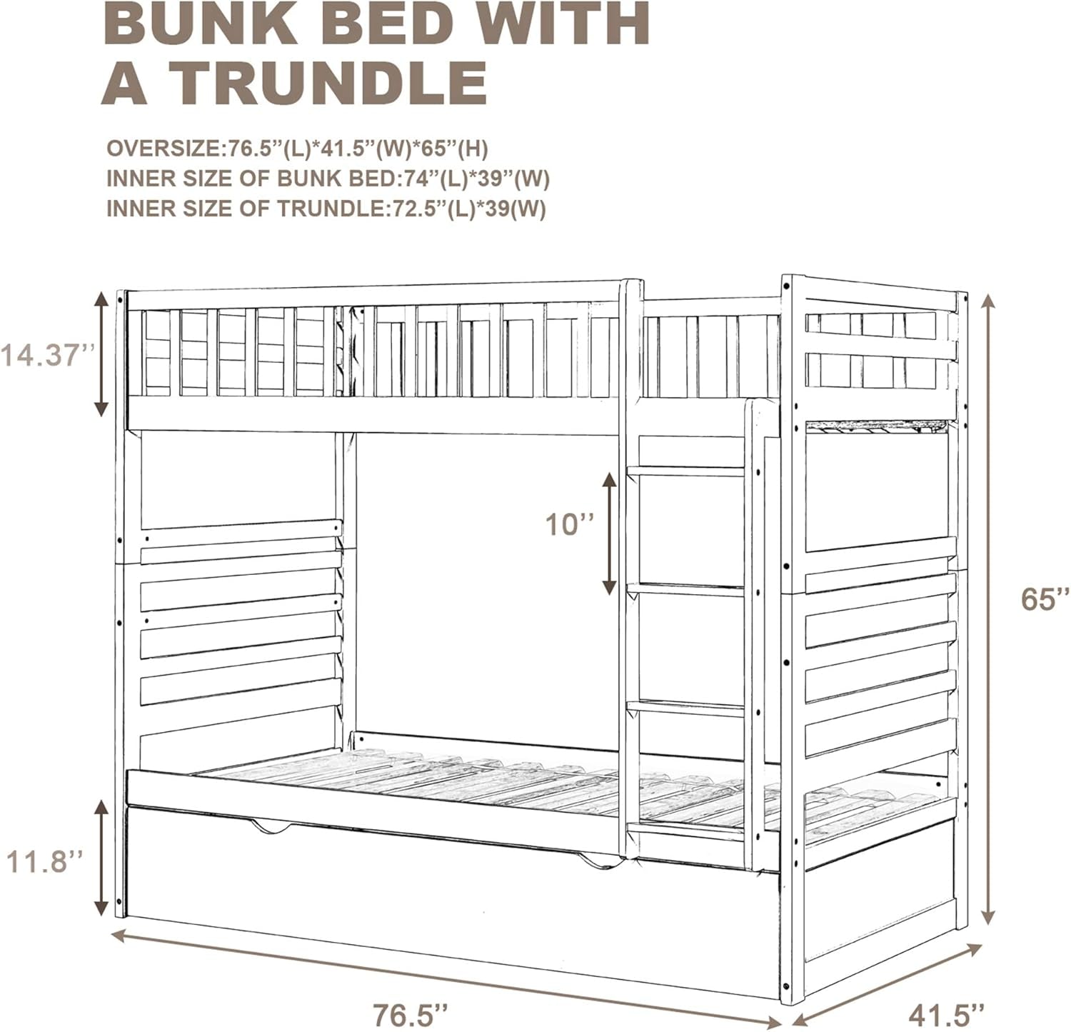 Twin over Twin Bunk Bed, Hinipa Space Saving Design Bedroom Furniture Wood Bunk Beds with Trundle, Ladder and Safety Rail (White)