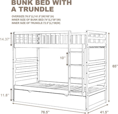 Twin over Twin Bunk Bed, Hinipa Space Saving Design Bedroom Furniture Wood Bunk Beds with Trundle, Ladder and Safety Rail (White)