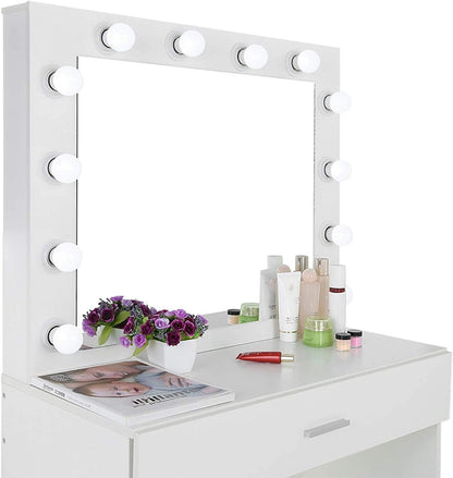 Vanity Set with Lighted Mirror, Makeup Vanity Dressing Table Dresser Desk with Large Drawer for Bedroom, White Bedroom Furniture(12 Cool LED Bulbs)