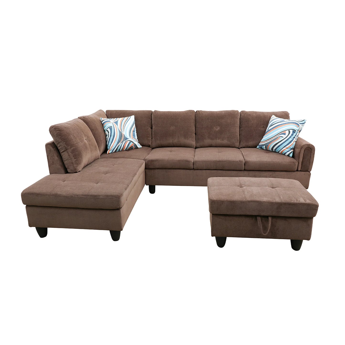 3 Piece L-Shape Sectional Sofa Couch W/ Storage Ottoman, 2 Pillows, Pineapple Velvet, Brown