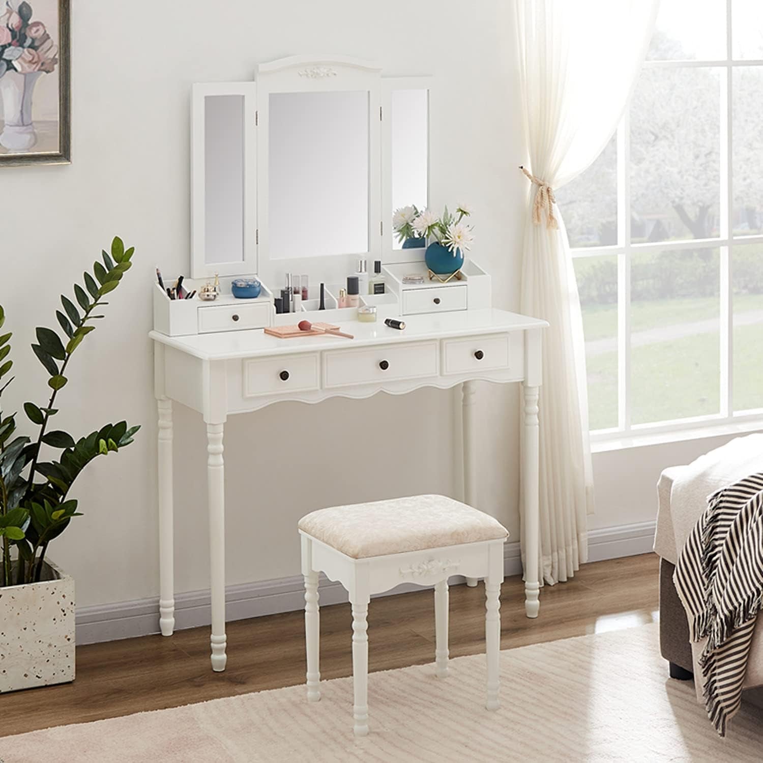 Vanity Table Set with Three Square Mirror Dressing Table and Cushioned Stool with 5 Drawers Bedroom Furniture for Girls Women
