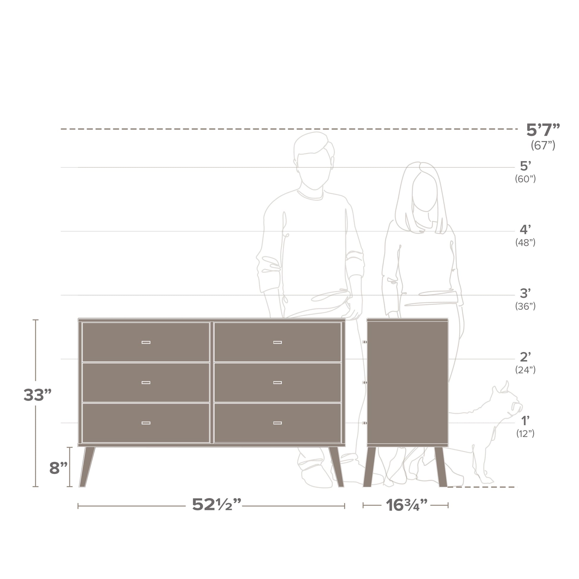 Milo Mid-Century 6 Drawer Wooden Dresser, 16.75" X 52.5" X 33", Cherry
