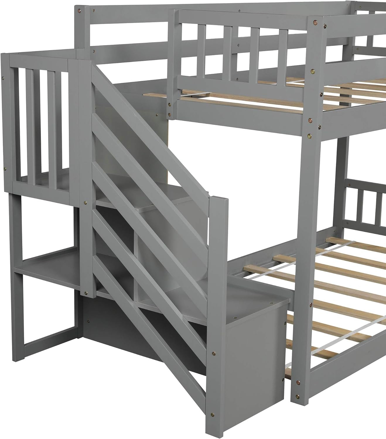 Low Bunk Bed, Wood Twin over Twin Low Floor Bunk Bed, Modern Bunk Bed Frame with Stair and Storage Shelf for Kids,Teens,Boys,Girls,Bedroom Furniture (Gray)