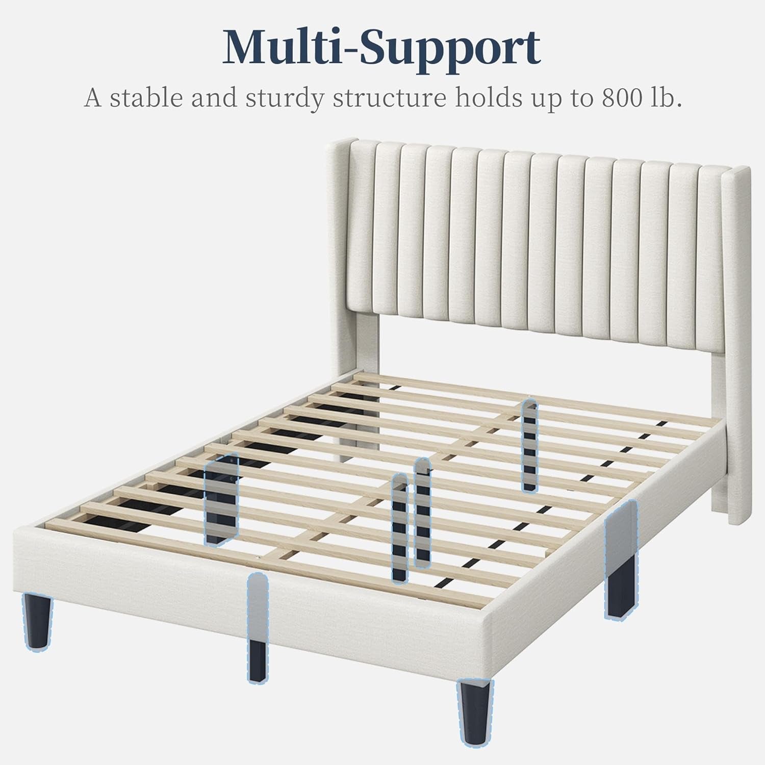 Full Bed Frame Upholstered Platform Bed with Fabric Headboard, Wing Edge Design/Non-Slip and Noise-Free/Wooden Slats Support/No Box Spring Needed/Easy Assembly, Beige Full Bed