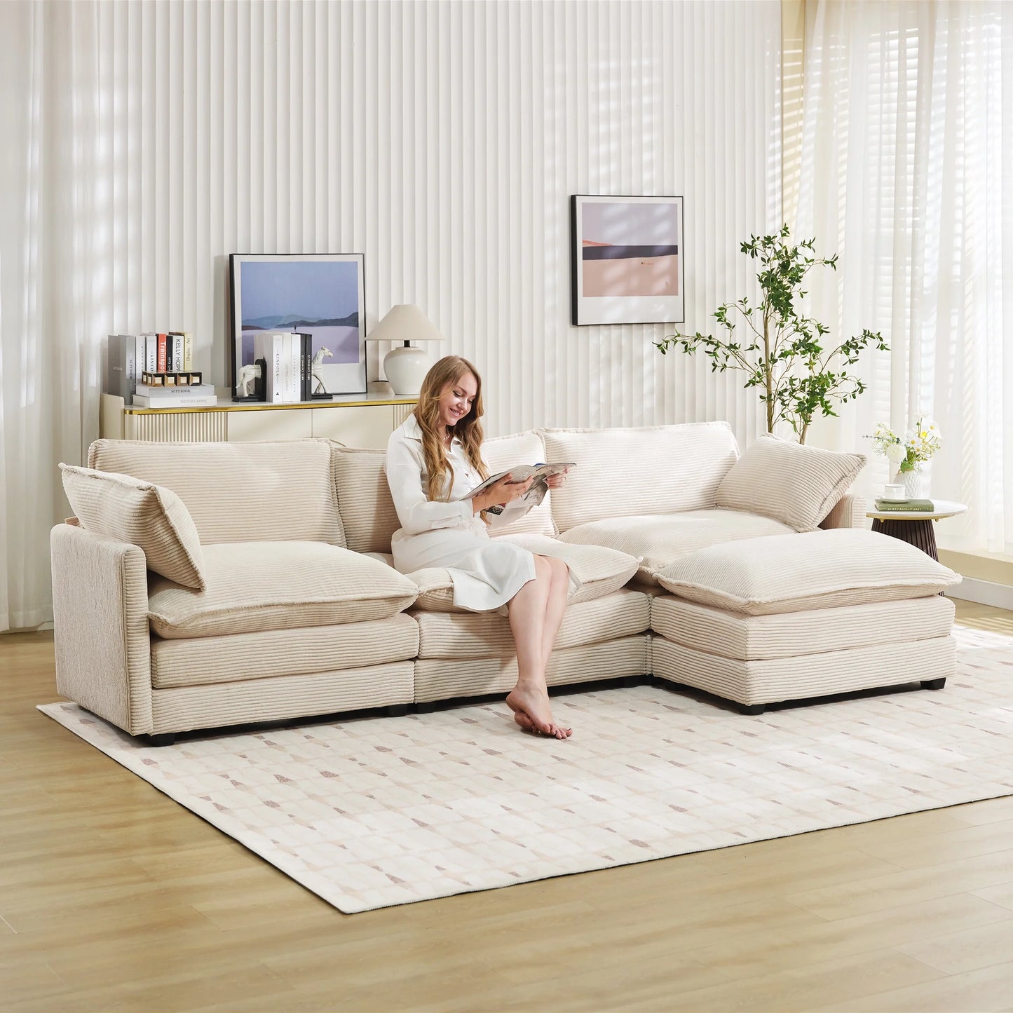 Sectional Sofa with Ottoman, Small L Shaped Free Combination Corduroy Couch Furniture Sets for Living Room, Beige