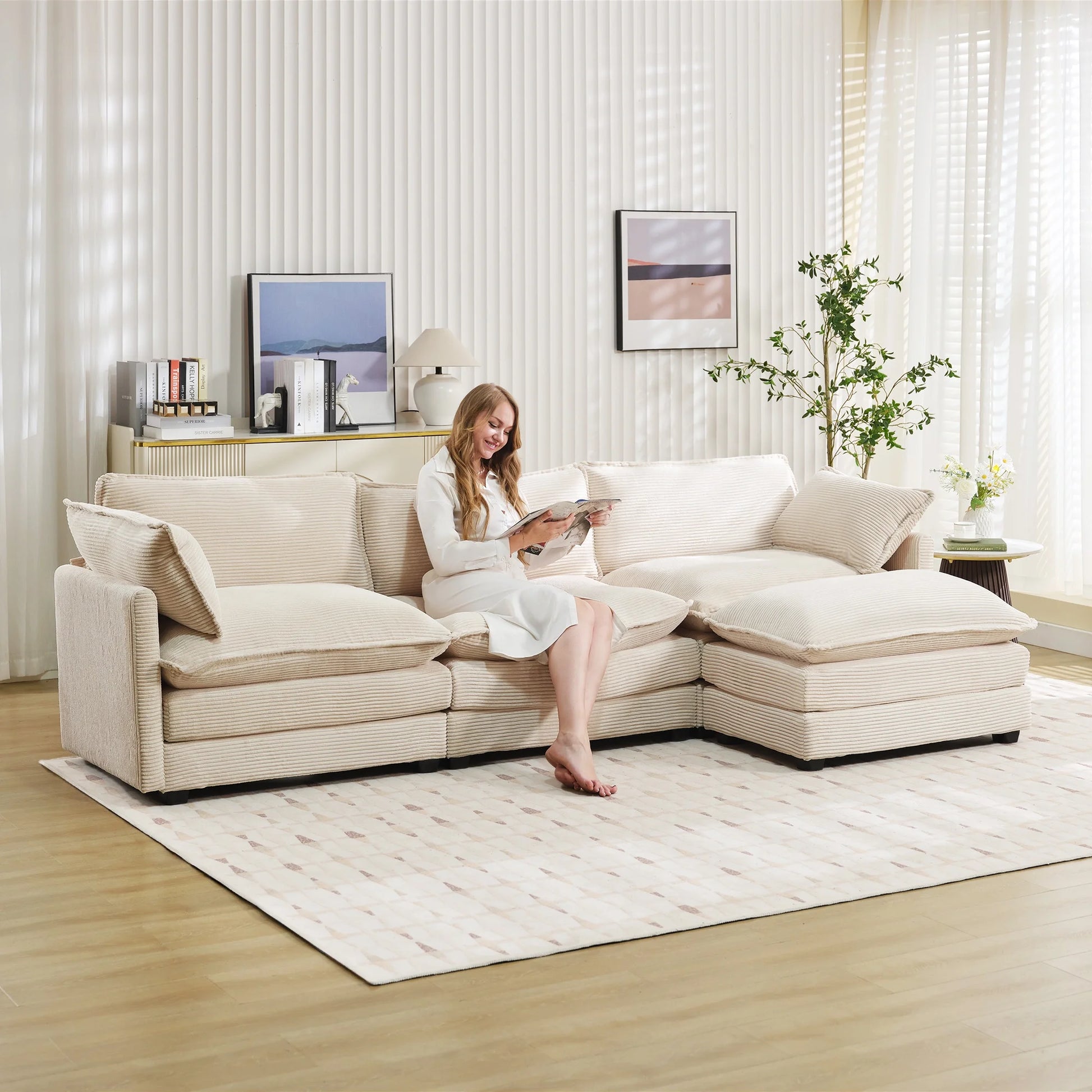 Sectional Sofa with Ottoman, Small L Shaped Free Combination Corduroy Couch Furniture Sets for Living Room, Beige