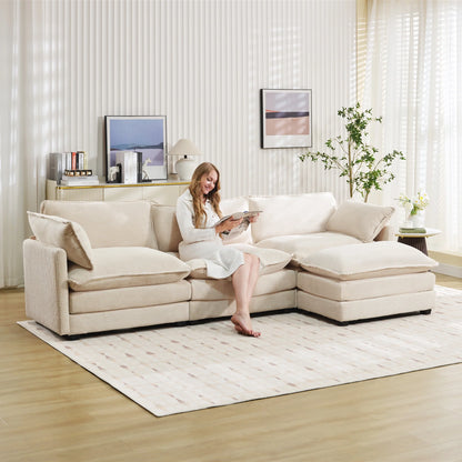Sectional Sofa with Ottoman, Small L Shaped Free Combination Corduroy Couch Furniture Sets for Living Room, Beige