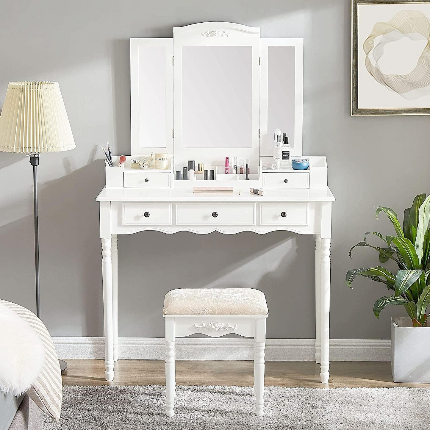 Vanity Table Set with Three Square Mirror Dressing Table and Cushioned Stool with 5 Drawers Bedroom Furniture for Girls Women