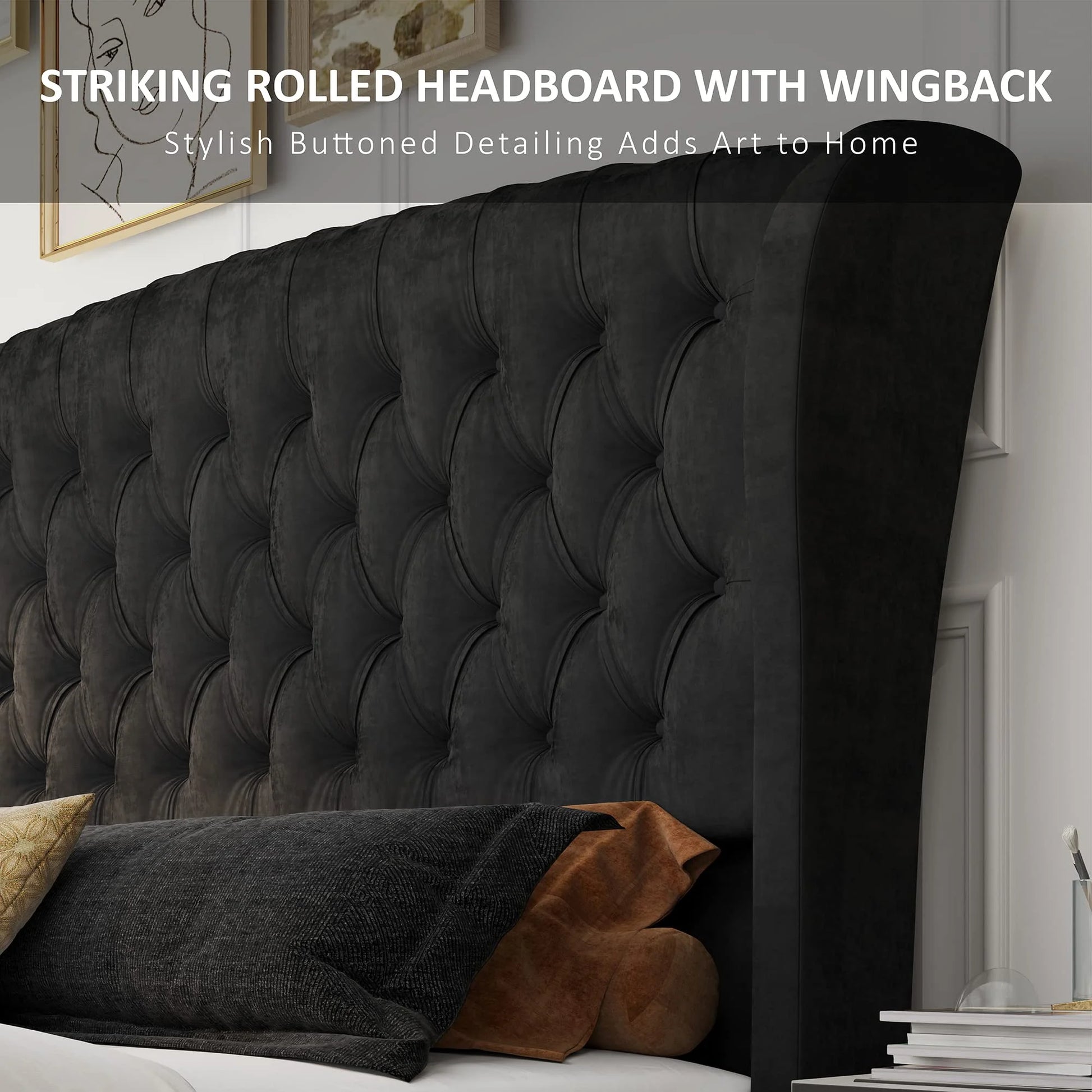 King Size Platform Bed Frame Velvet Upholstered Sleigh Bed with Scroll Wingback Headboard & Footboard/Button Tufted/No Box Spring Required/Grey
