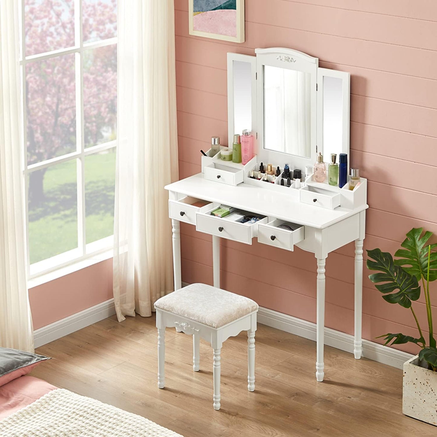 Vanity Table Set with Three Square Mirror Dressing Table and Cushioned Stool with 5 Drawers Bedroom Furniture for Girls Women