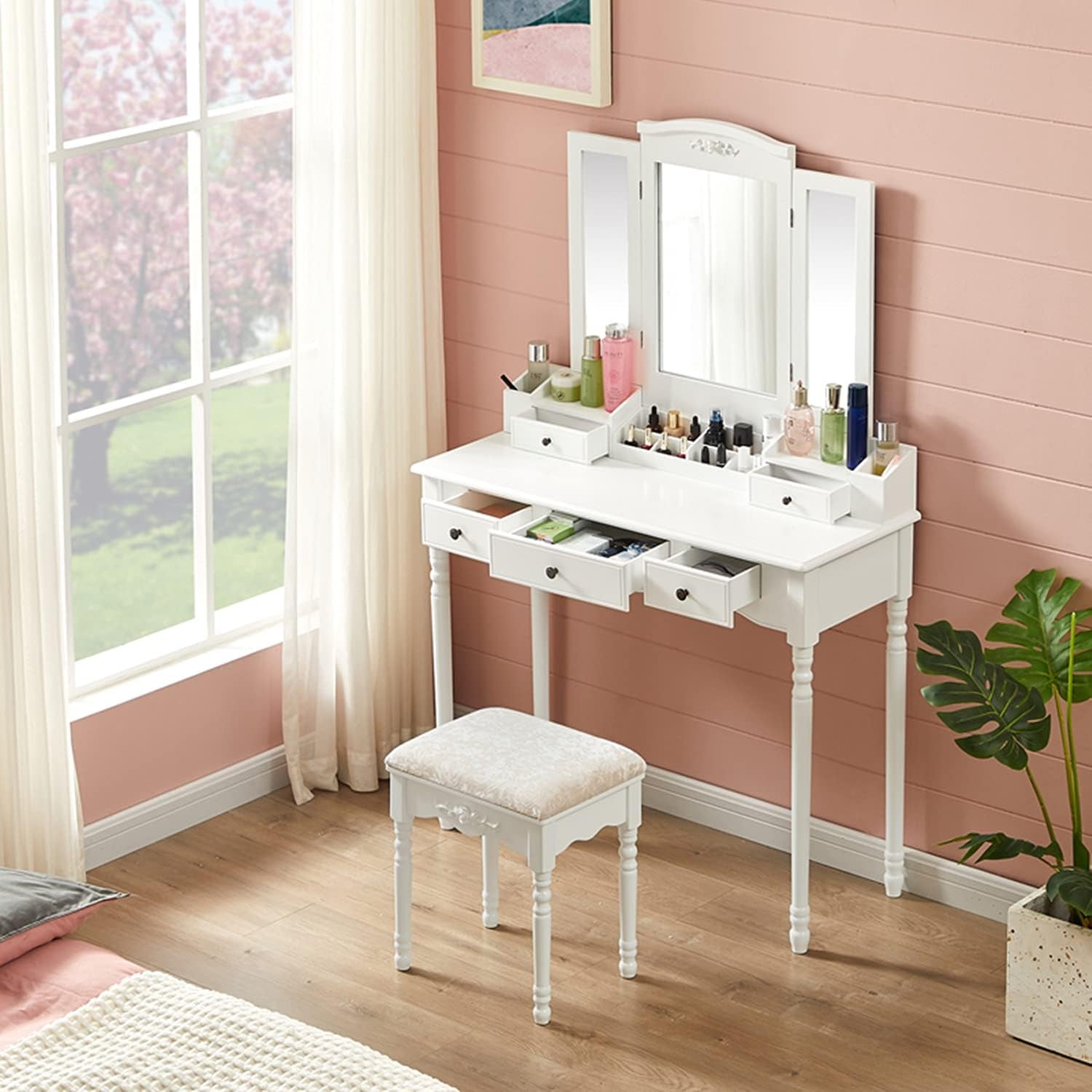 Vanity Table Set with Three Square Mirror Dressing Table and Cushioned Stool with 5 Drawers Bedroom Furniture for Girls Women