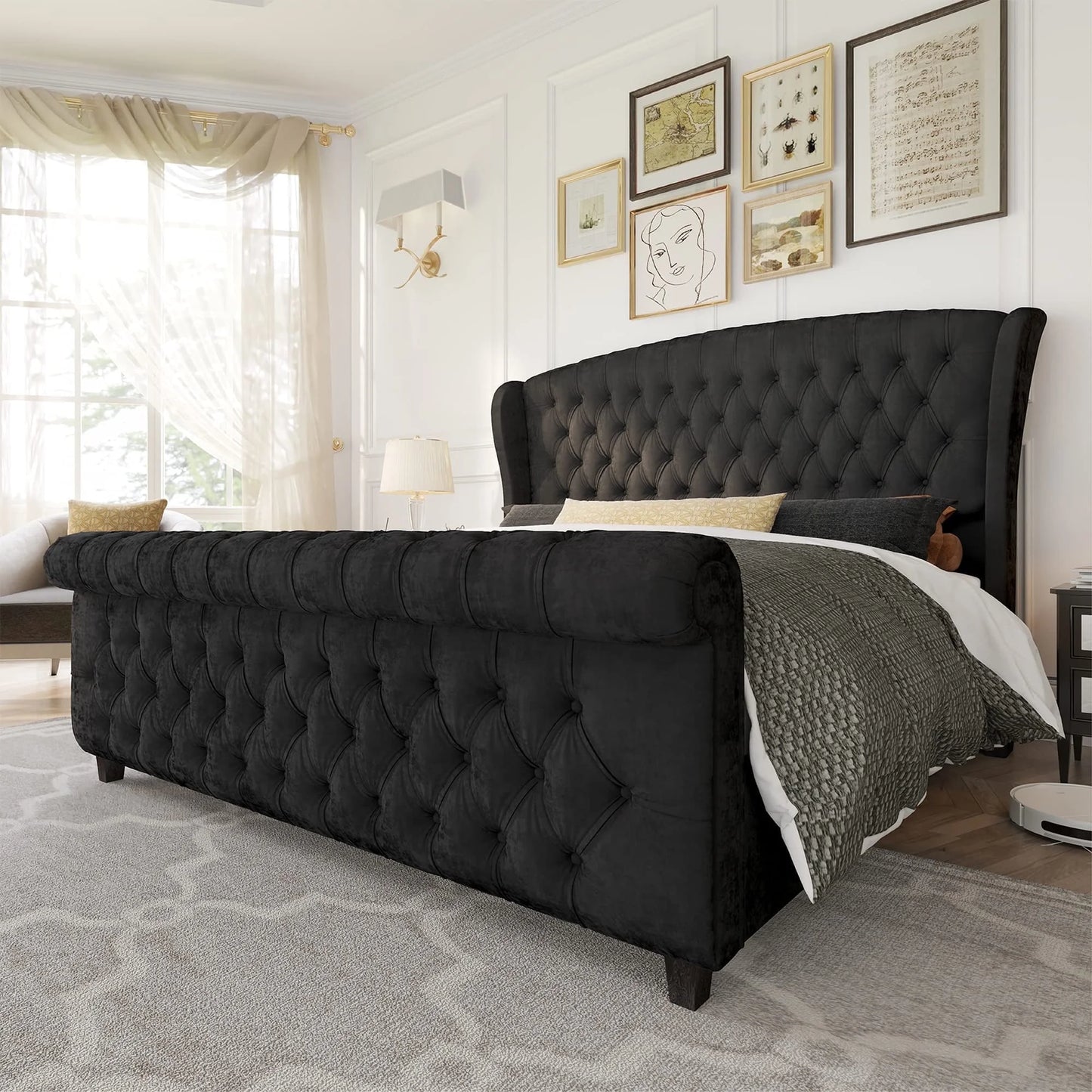 King Size Platform Bed Frame Velvet Upholstered Sleigh Bed with Scroll Wingback Headboard & Footboard/Button Tufted/No Box Spring Required/Grey