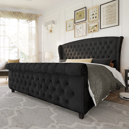 King Size Platform Bed Frame Velvet Upholstered Sleigh Bed with Scroll Wingback Headboard & Footboard/Button Tufted/No Box Spring Required/Grey