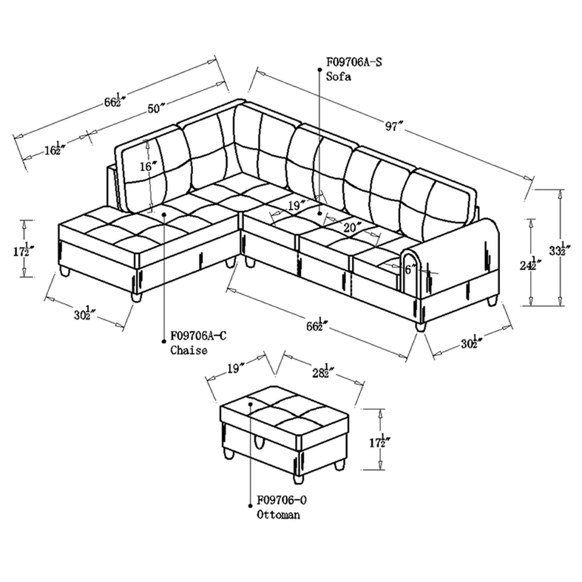 3 Piece L-Shape Sectional Sofa Couch W/ Storage Ottoman, 2 Pillows, Pineapple Velvet, Brown