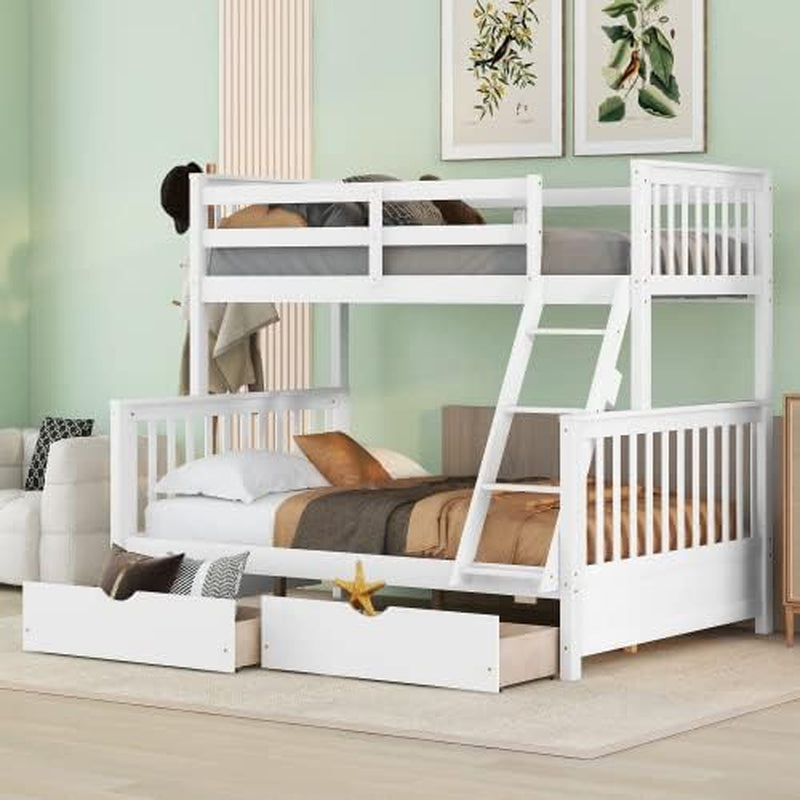 Twin over Full Bunk Bed with Storage Drawers, Can Be Divided into 2 Daybeds, Solid Wood Bunk Bed Frame with Guardrails and Ladder for Kids, Floor Low Bunk Bed for Bedroom, White