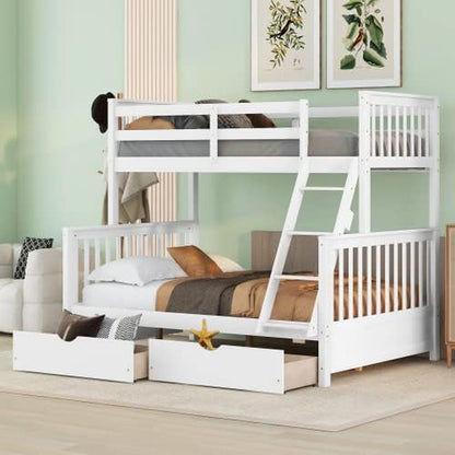 Twin over Full Bunk Bed with Storage Drawers, Can Be Divided into 2 Daybeds, Solid Wood Bunk Bed Frame with Guardrails and Ladder for Kids, Floor Low Bunk Bed for Bedroom, White