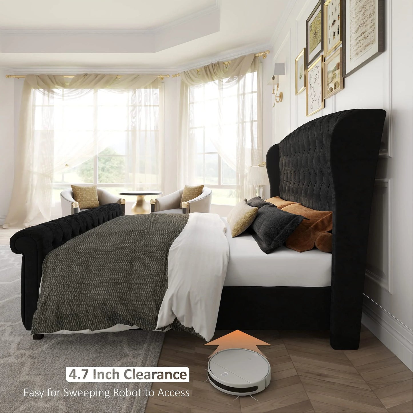 King Size Platform Bed Frame Velvet Upholstered Sleigh Bed with Scroll Wingback Headboard & Footboard/Button Tufted/No Box Spring Required/Grey