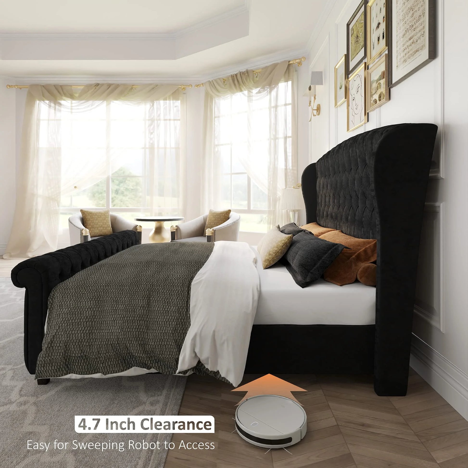 King Size Platform Bed Frame Velvet Upholstered Sleigh Bed with Scroll Wingback Headboard & Footboard/Button Tufted/No Box Spring Required/Grey