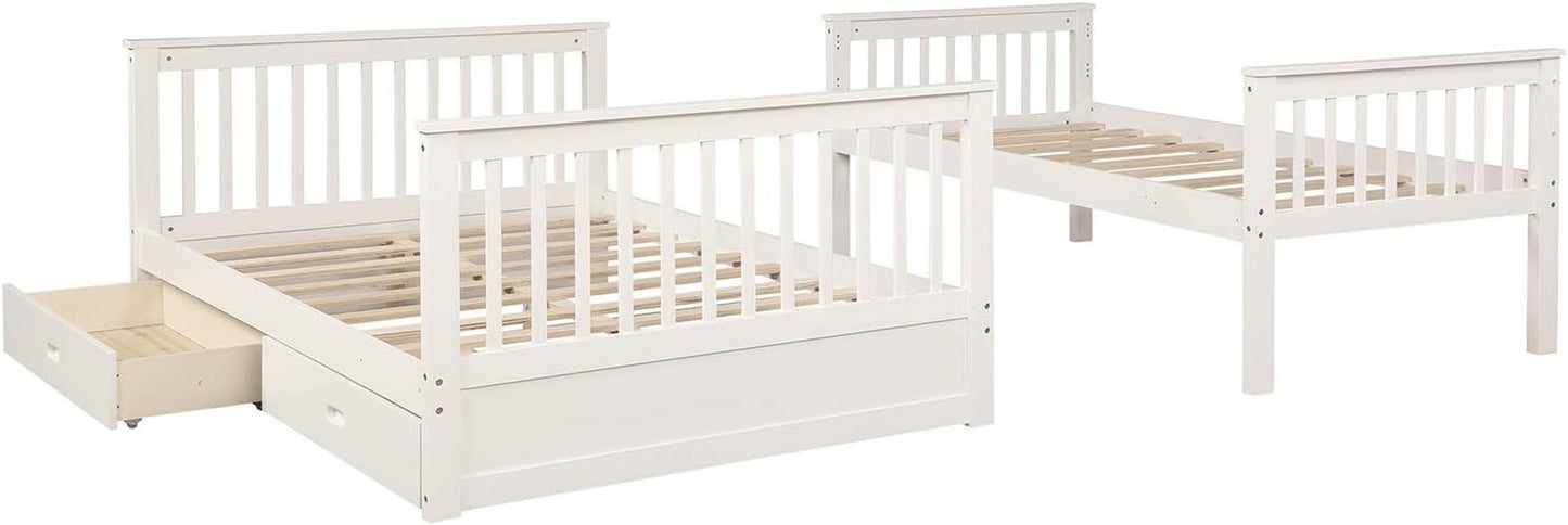Twin over Full Bunk Bed with Storage Drawers, Can Be Divided into 2 Daybeds, Solid Wood Bunk Bed Frame with Guardrails and Ladder for Kids, Floor Low Bunk Bed for Bedroom, White