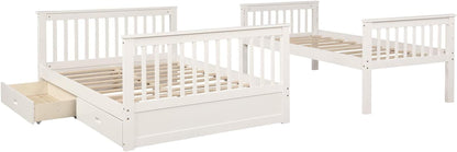 Twin over Full Bunk Bed with Storage Drawers, Can Be Divided into 2 Daybeds, Solid Wood Bunk Bed Frame with Guardrails and Ladder for Kids, Floor Low Bunk Bed for Bedroom, White