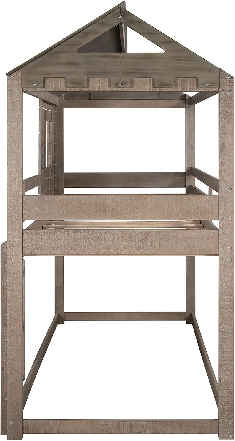 House Bunk Beds, Twin over Twin Bunk Bed Frame Low Bunk Bed for Kids Toddlers Boys Girls, Antique Gray