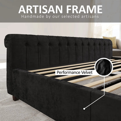 King Size Platform Bed Frame Velvet Upholstered Sleigh Bed with Scroll Wingback Headboard & Footboard/Button Tufted/No Box Spring Required/Grey
