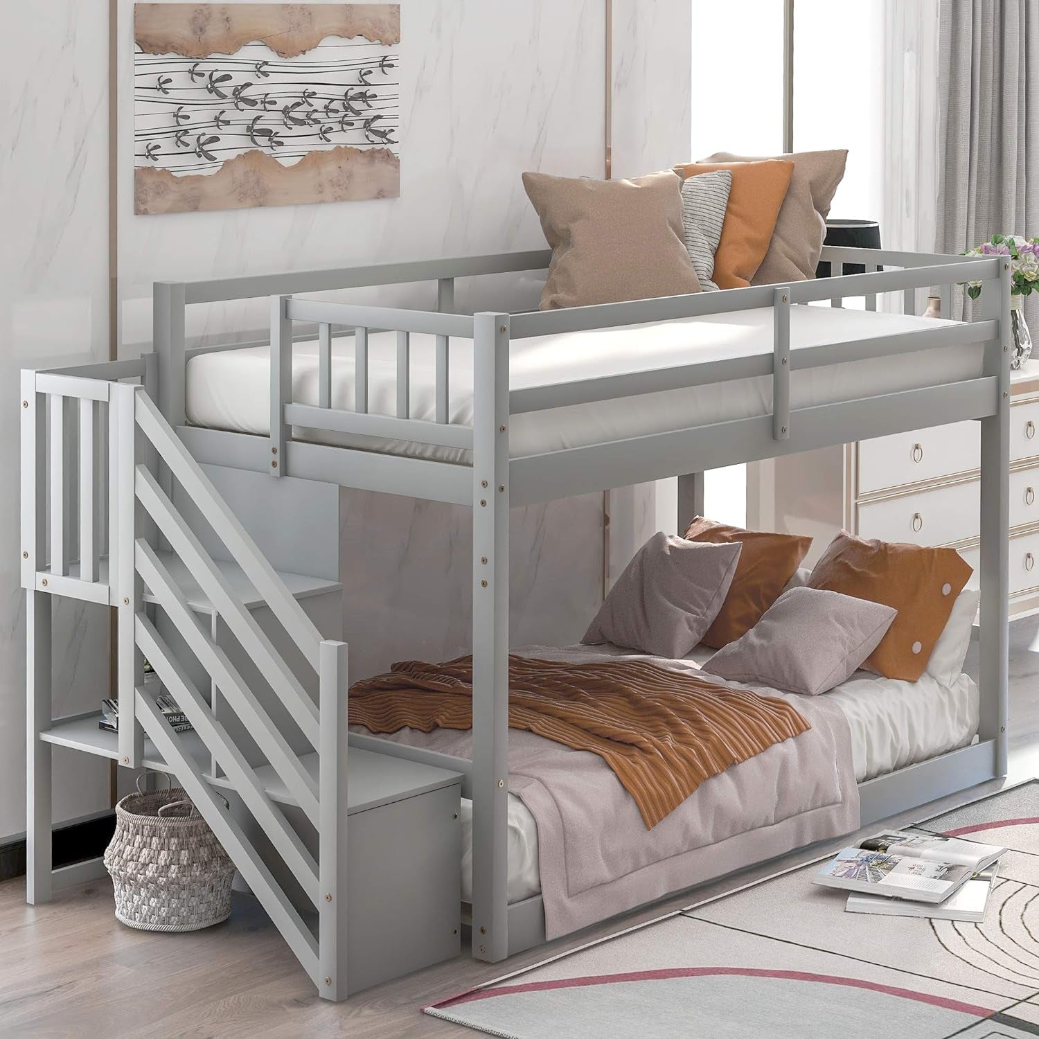 Low Bunk Bed, Wood Twin over Twin Low Floor Bunk Bed, Modern Bunk Bed Frame with Stair and Storage Shelf for Kids,Teens,Boys,Girls,Bedroom Furniture (Gray)