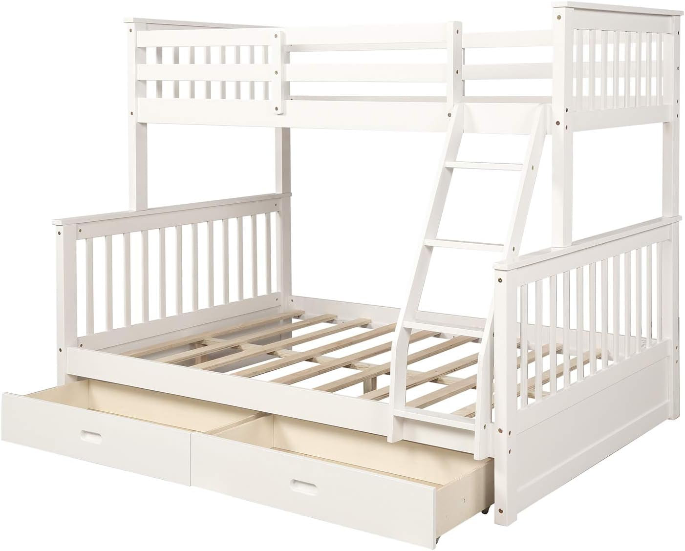 Twin over Full Bunk Bed with Storage Drawers, Can Be Divided into 2 Daybeds, Solid Wood Bunk Bed Frame with Guardrails and Ladder for Kids, Floor Low Bunk Bed for Bedroom, White