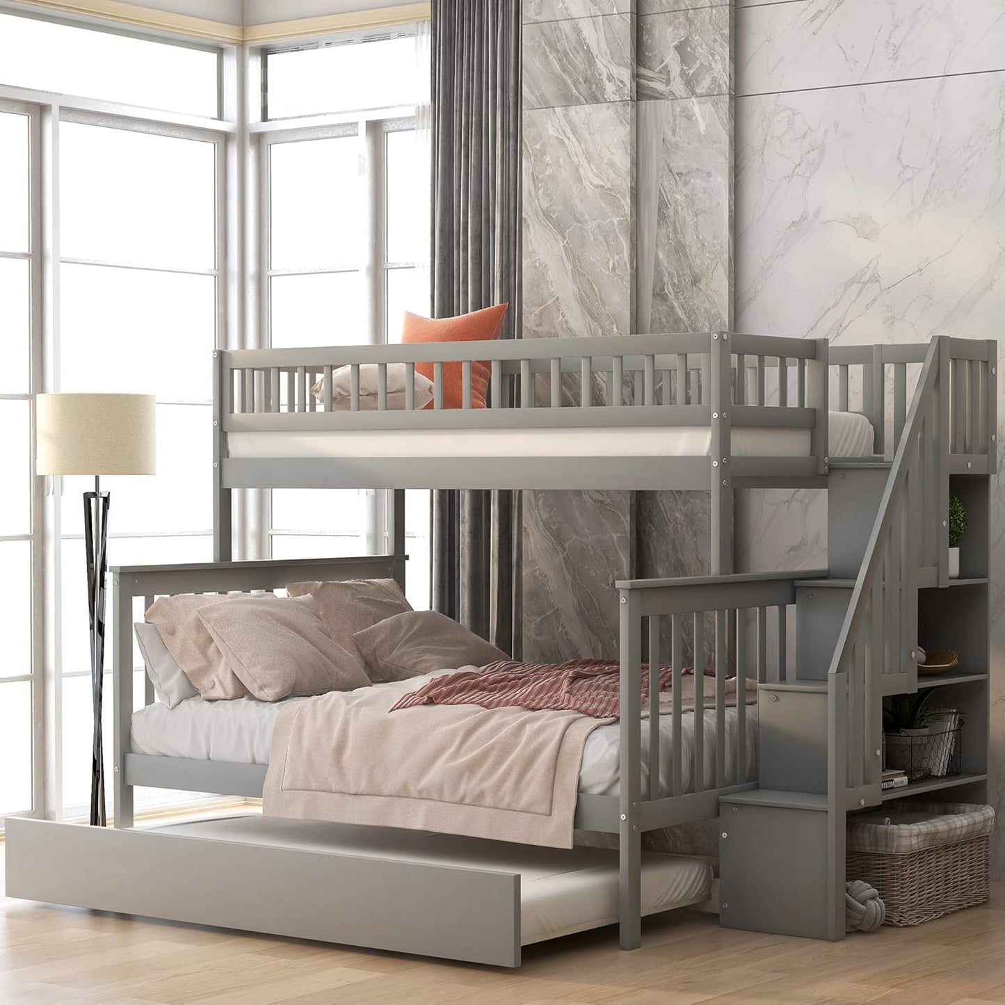 Twin over Full Bunk Bed with Trundle, Wood Bunk Bed Frame with Storage and Safety Rail, Bedroom Furniture, White