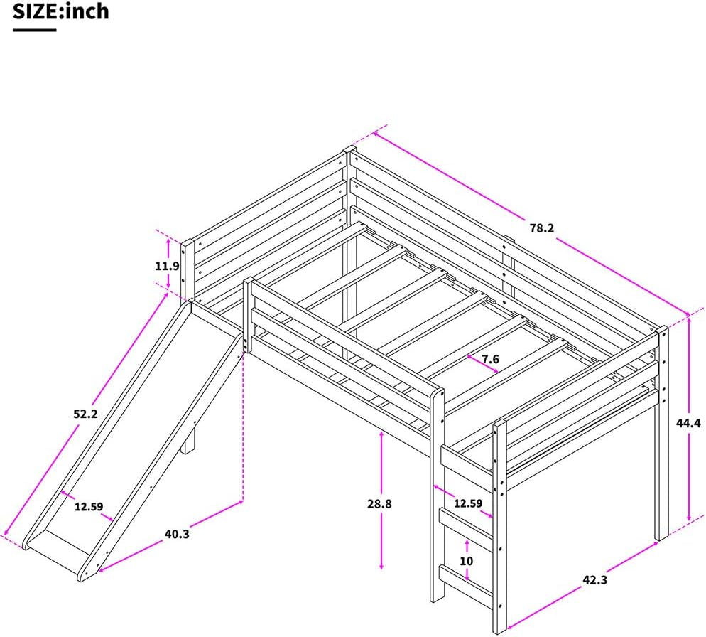 Loft Bed with Slide, Multifunctional Design Twin Wood Bed Frame (Gray)