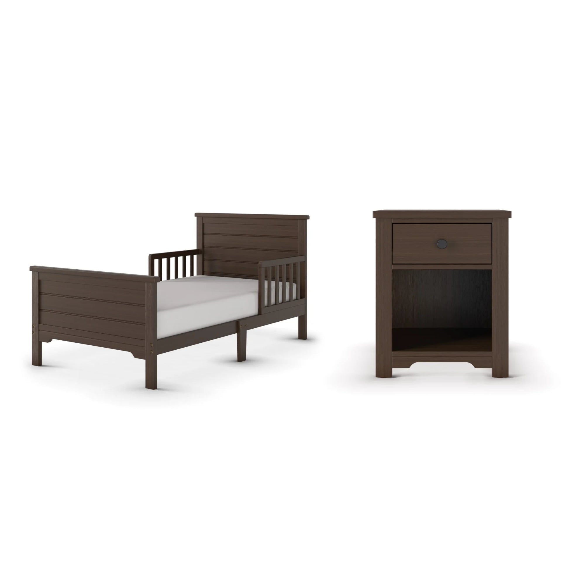 Woodland Toddler Bed and Nightstand Bedroom Set, Low to Ground Design, Brushed Truffle, 2-Piece